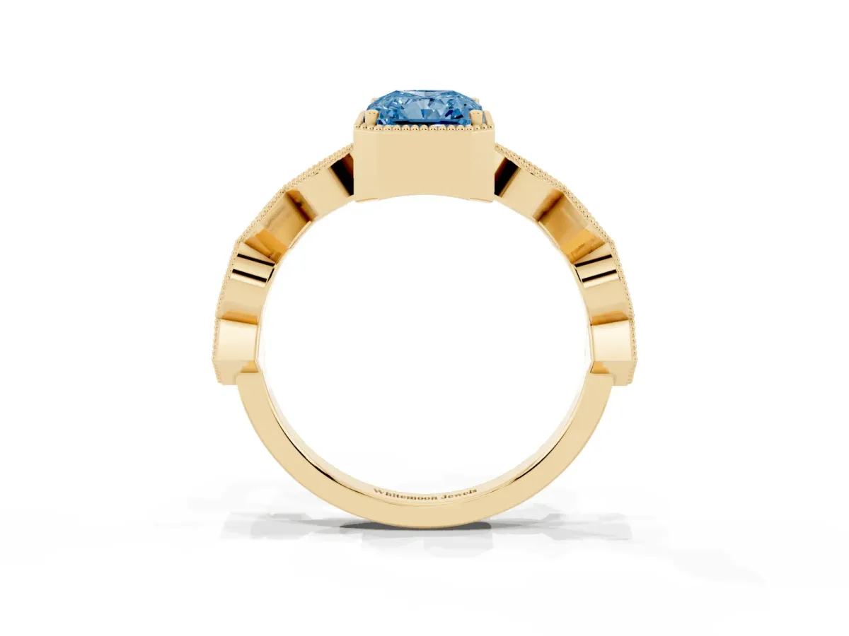 Fancy Blue Radiant Cut Milgrain Marquise Diamond Twist Band Ring Yellow gold
