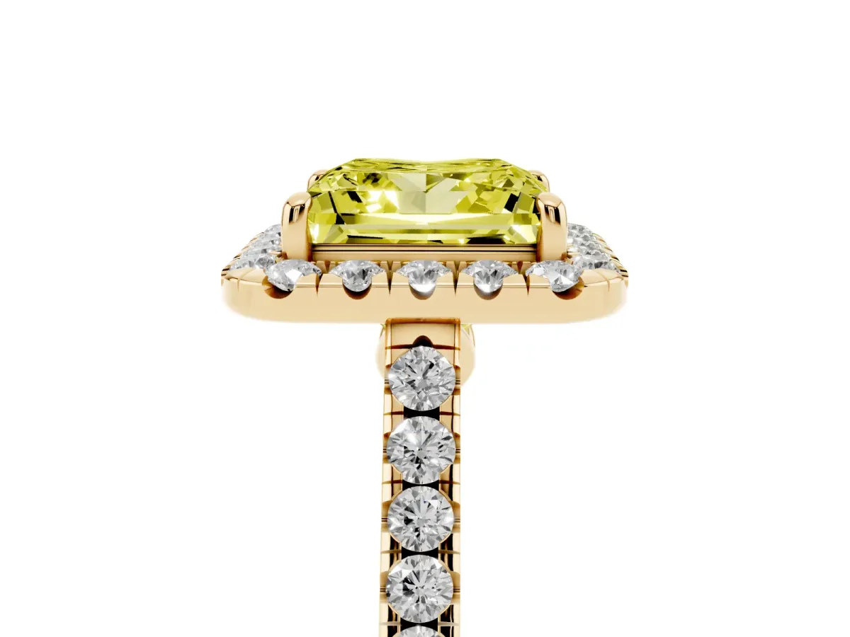 Fancy Yellow Princess Cut Halo Pave Diamond Engagement Ring with Four-Prong Setting Yellow gold
