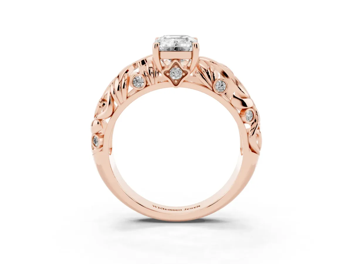 Emerald Cut Solitaire Diamond Leaf-Inspired Vine Band Ring with Prong Setting Rose gold