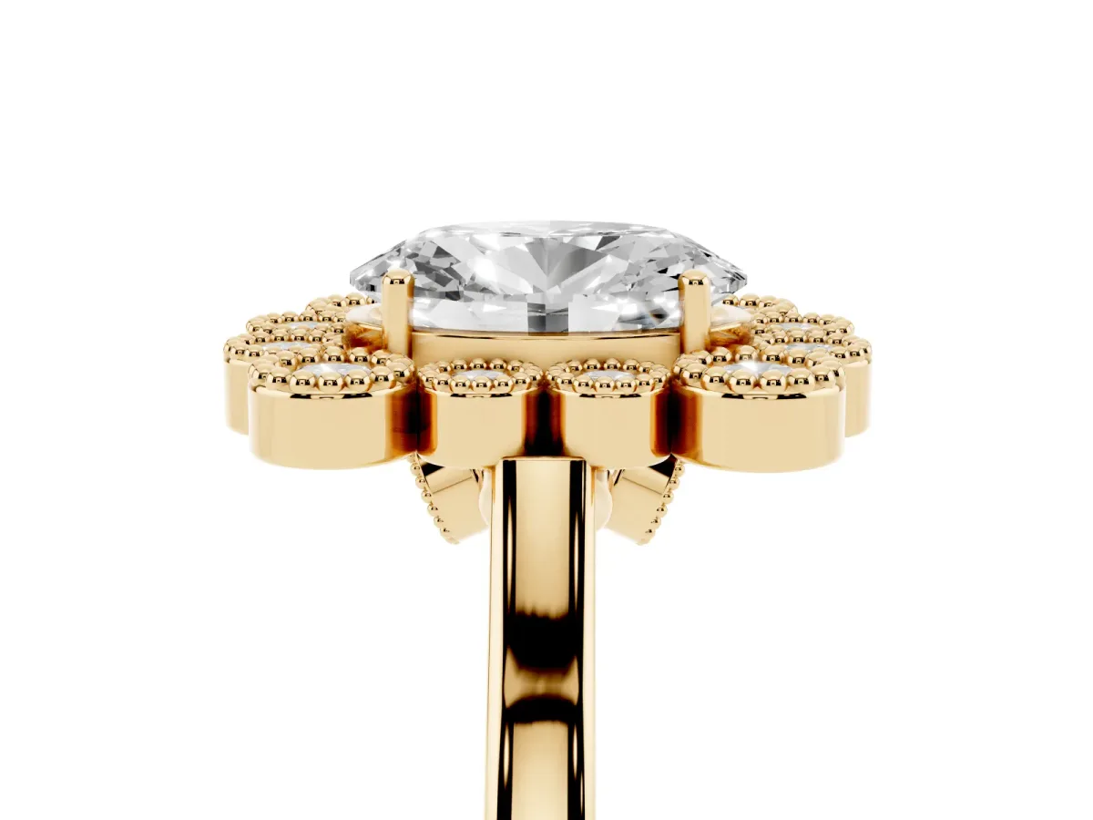 Oval Cut Halo Diamond Cluster Engagement Ring with Milgrain Bezel Setting and Solitaire Band Yellow gold