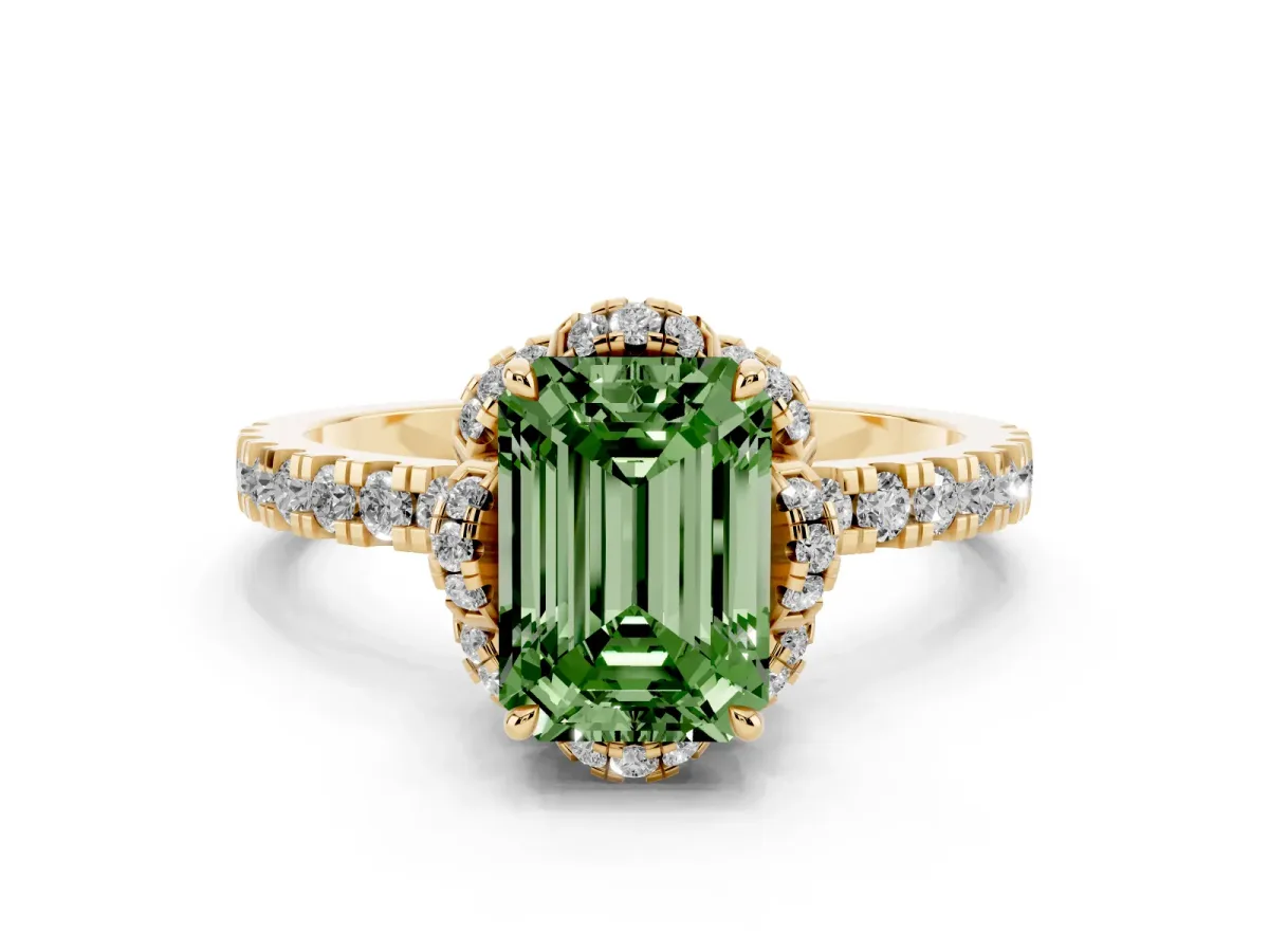 Fancy Green Emerald Cut Diamond Halo Pave Band with Four-Prong Setting Yellow gold