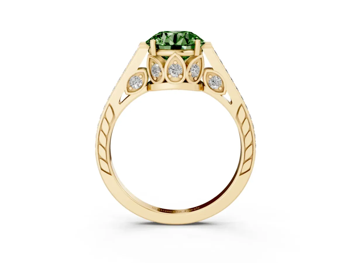 Fancy Green Round Cut Cut Cathedral Pave Diamond Engagement Ring with Six-Prong Setting Yellow gold