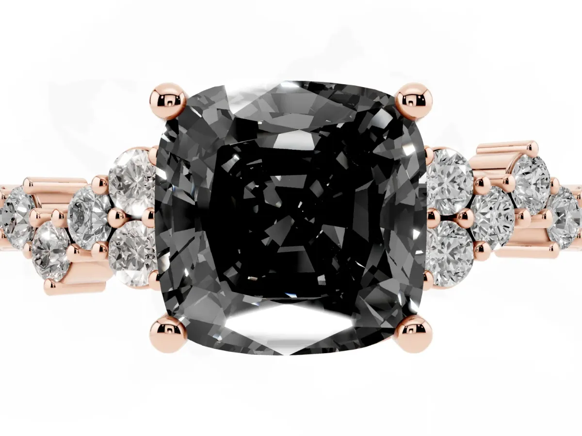 Fancy Black Cushion Cut Diamond Scattered Round Accent Ring with Prong Setting Rose gold