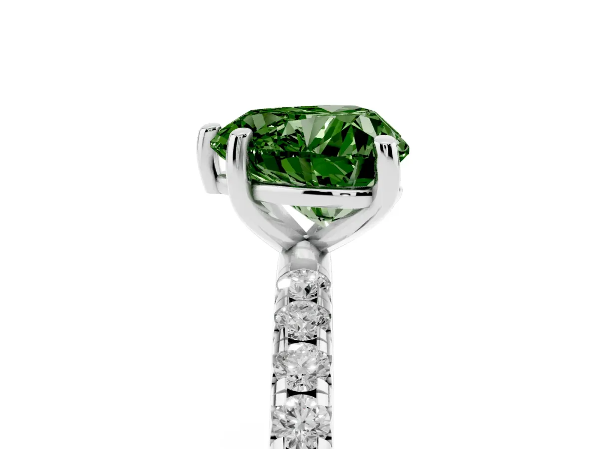 Fancy Green Heart Cut Cut Diamond Solitaire Ring with Micro Pave Band and Four Prong Setting Silver