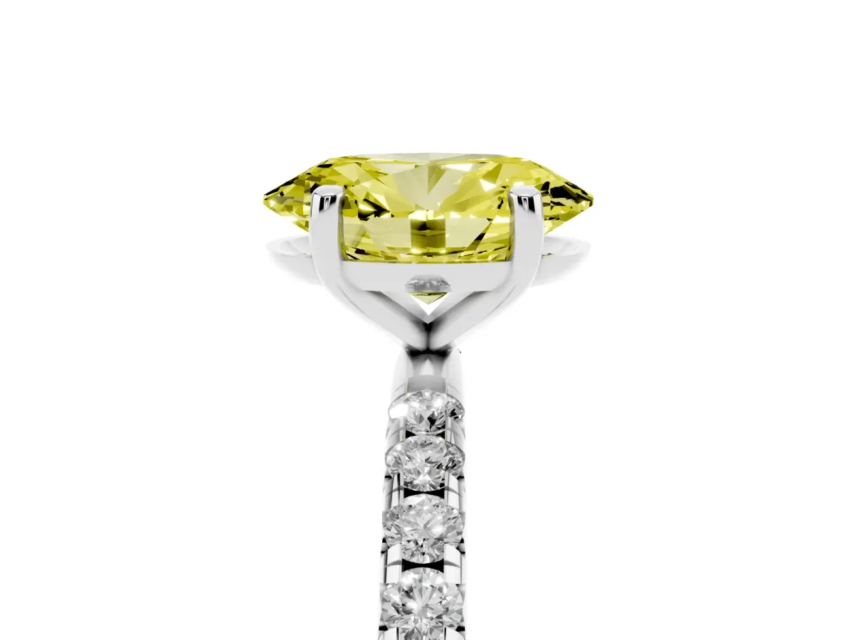 Fancy Yellow Oval Cut Cut Diamond Solitaire Ring with Micro Pave Band and Four Prong Setting Silver