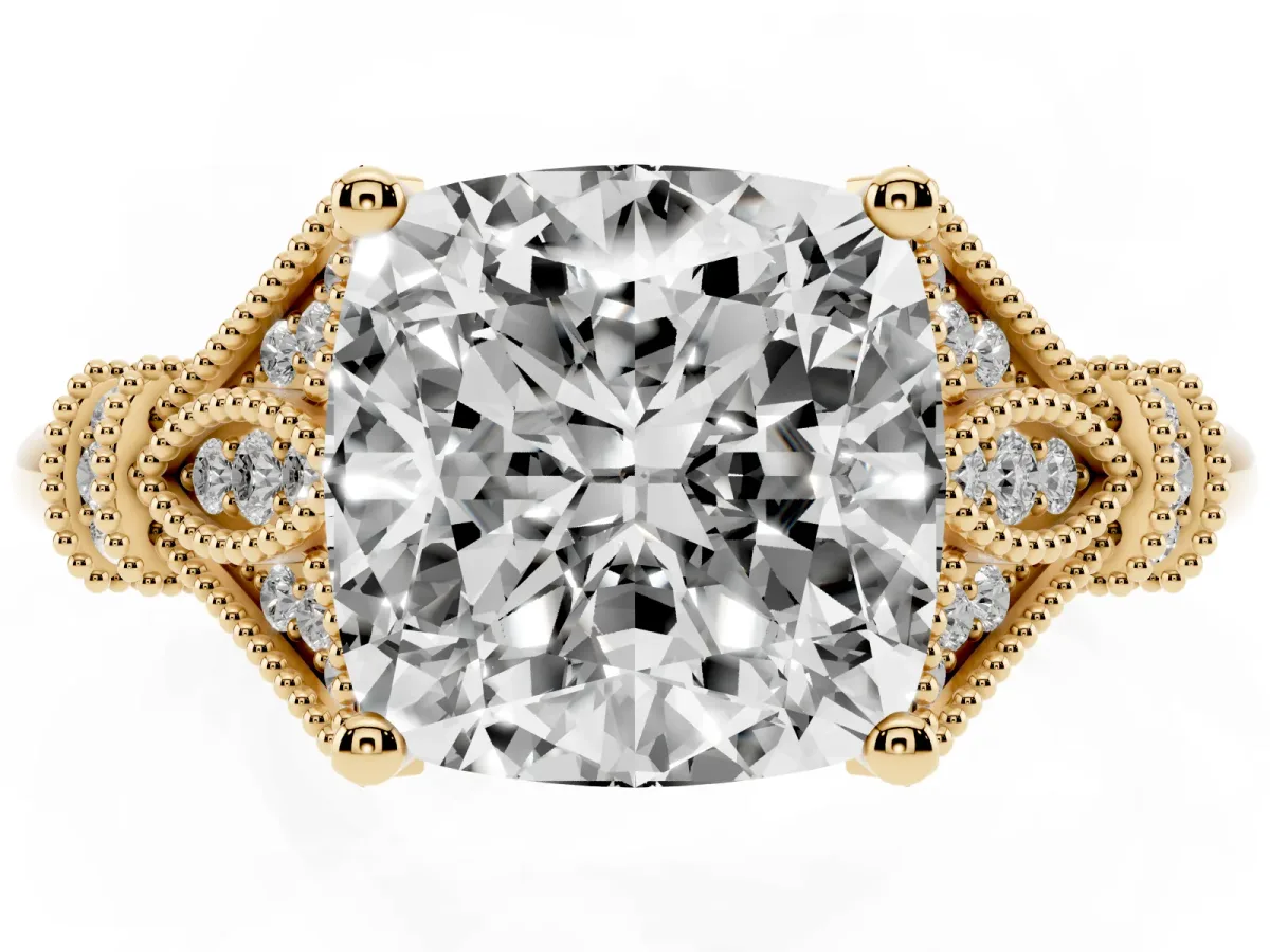 Cushion Cut Diamond Solitaire Ring with Floral Filigree and Pave Accents Yellow gold