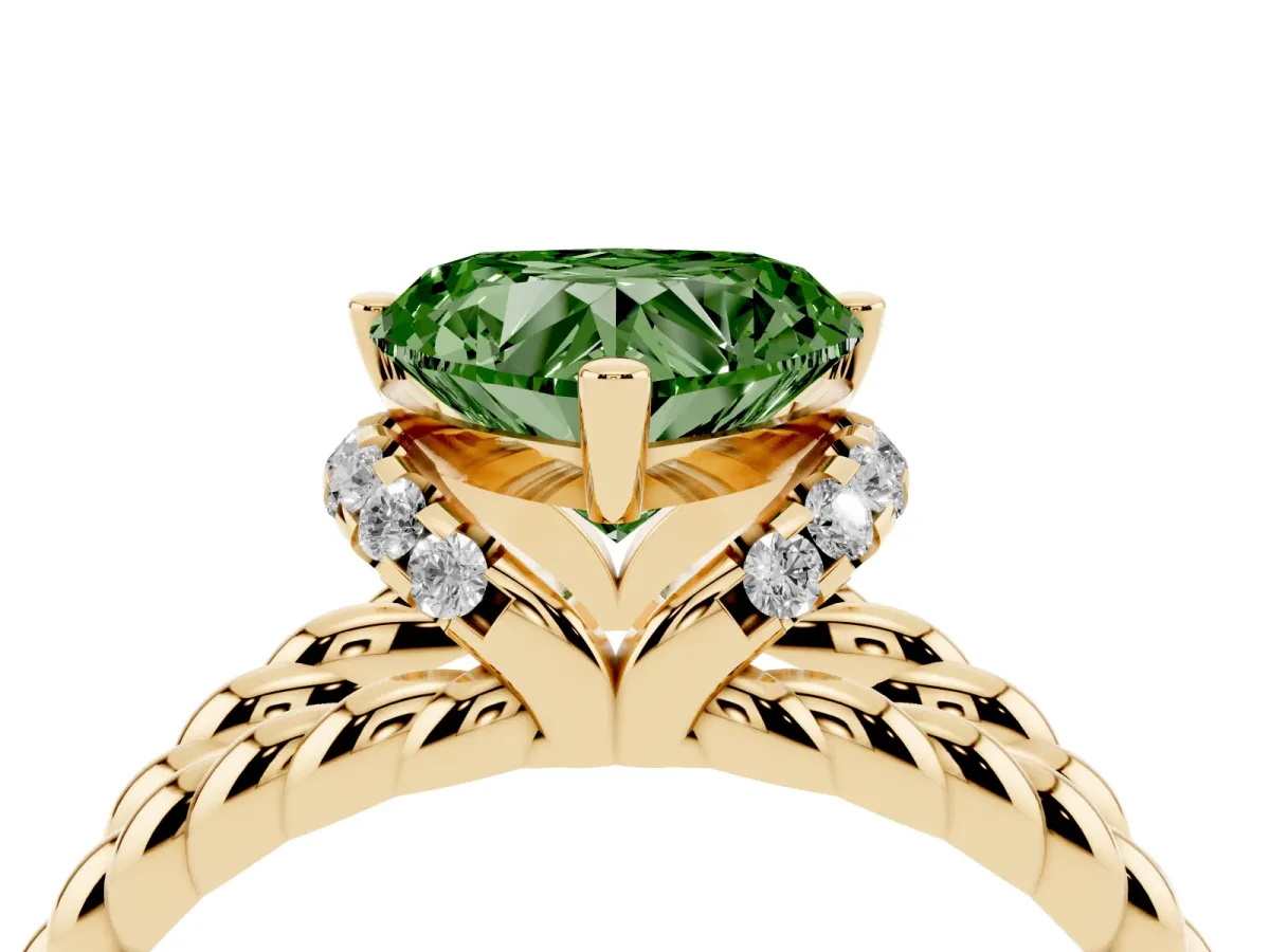 Fancy Green Heart Cut Halo Twisted Band Four-Prong Ring Yellow gold