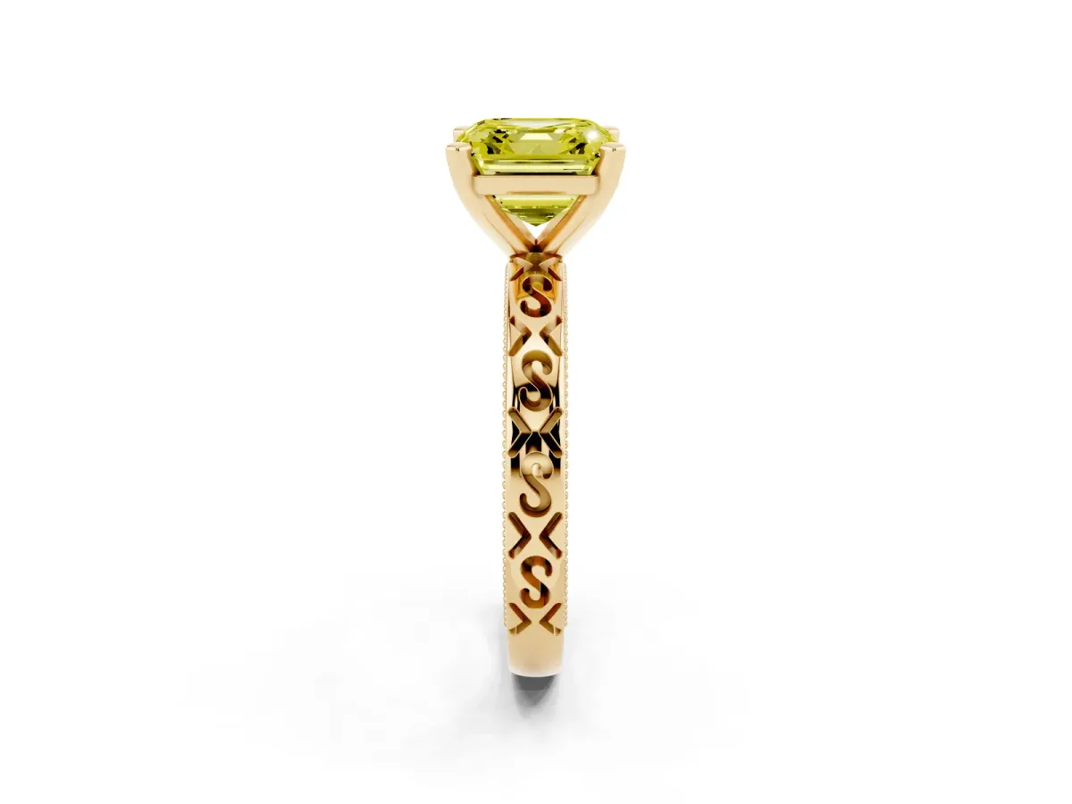 Fancy Yellow Asscher Cut Solitaire Engagement Ring with Scrollwork Band and Four-Prong Setting Yellow gold