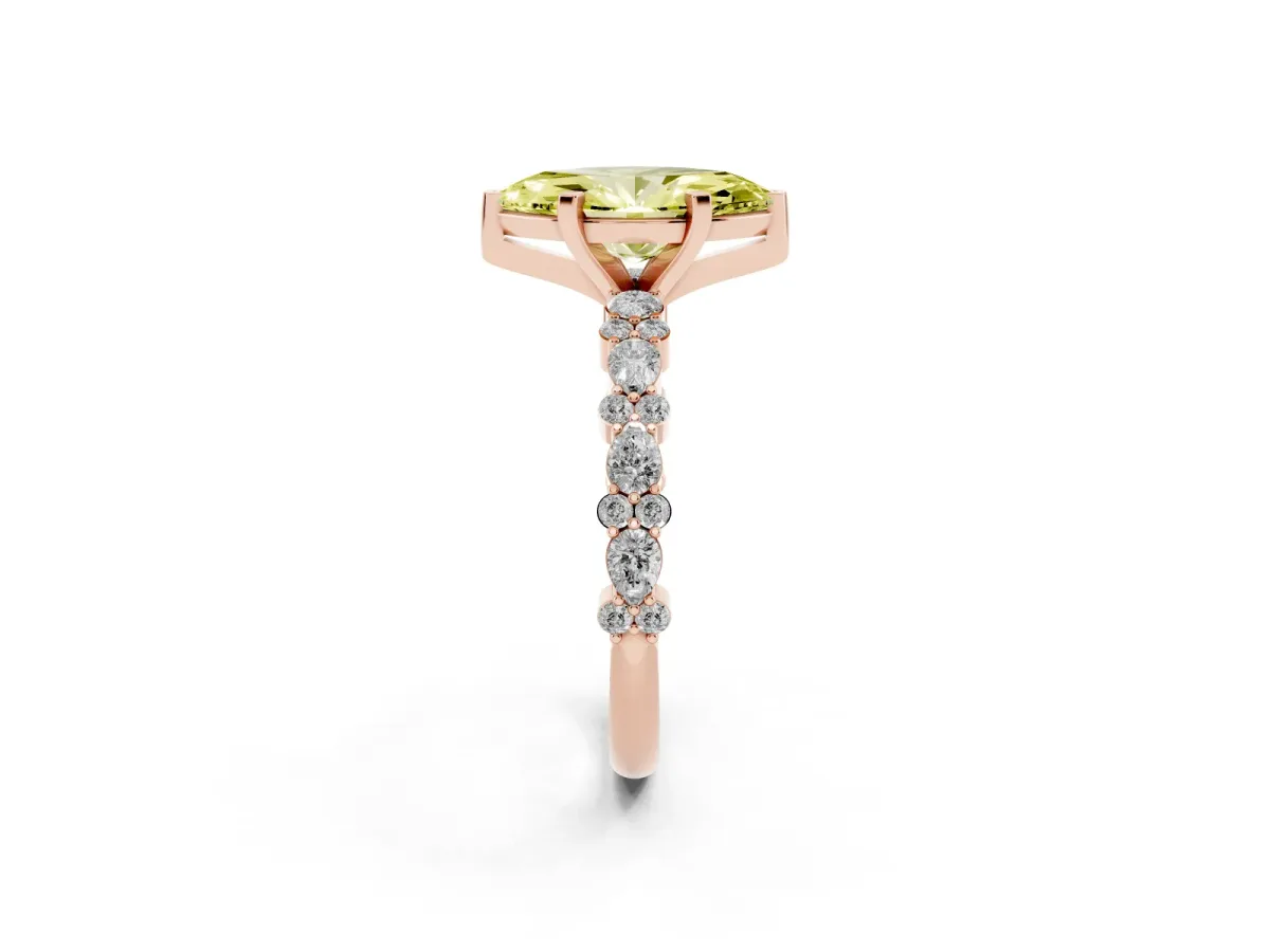 Fancy Yellow Marquise Cut Diamond Side Stone Solitaire Ring with Round and Four-Prong Setting Rose gold