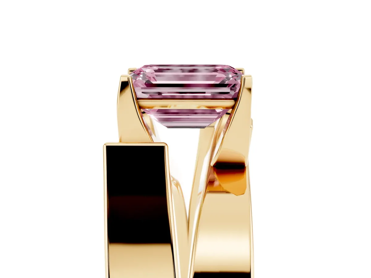 Fancy Pink Modern Tension Set Emerald Cut Diamond Solitaire Wide Band Ring Yellow gold