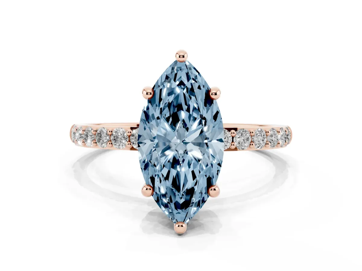 Fancy Blue Marquise Cut Diamond Solitaire Ring with Round Pavé Band and Prong Setting Rose gold