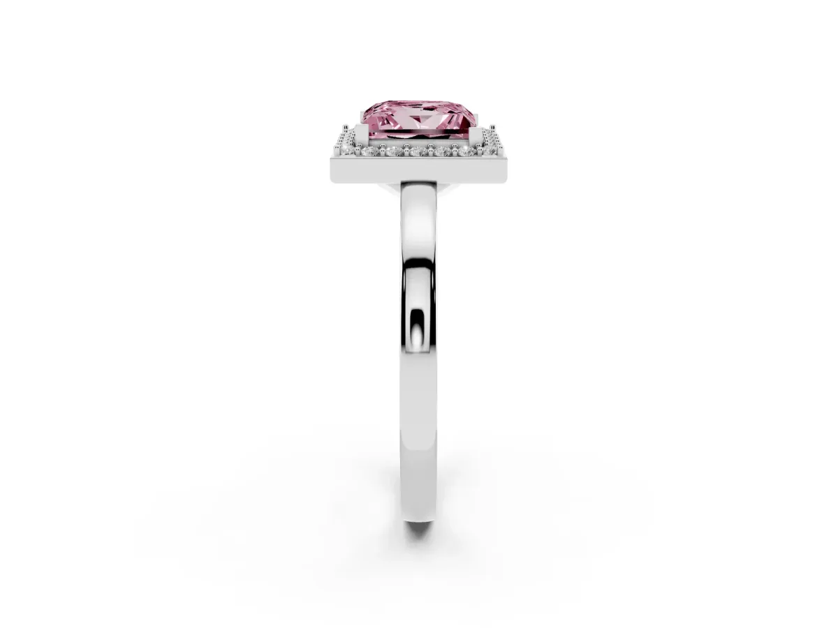 Fancy Pink Princess Cut Halo Diamond Ring with Solitaire Band and Prong Setting Platinum
