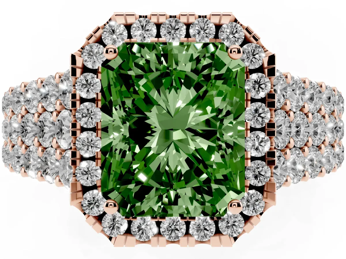 Fancy Green Radiant Cut Diamond Halo Engagement Ring with Triple Row Round Pavé Band and Prong Setting Rose gold