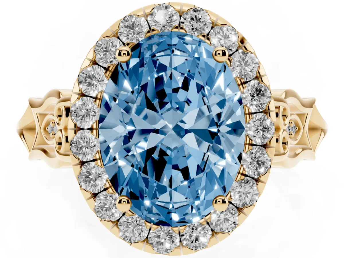 Fancy Blue Oval Cut Halo Diamond Engagement Ring with Filigree Band and Four-Prong Setting Yellow gold