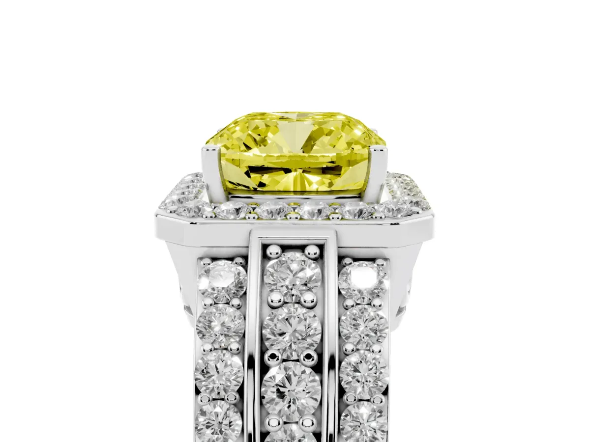 Fancy Yellow Cushion Cut Halo Diamond Ring with Round Split Shank and Prong Setting Silver