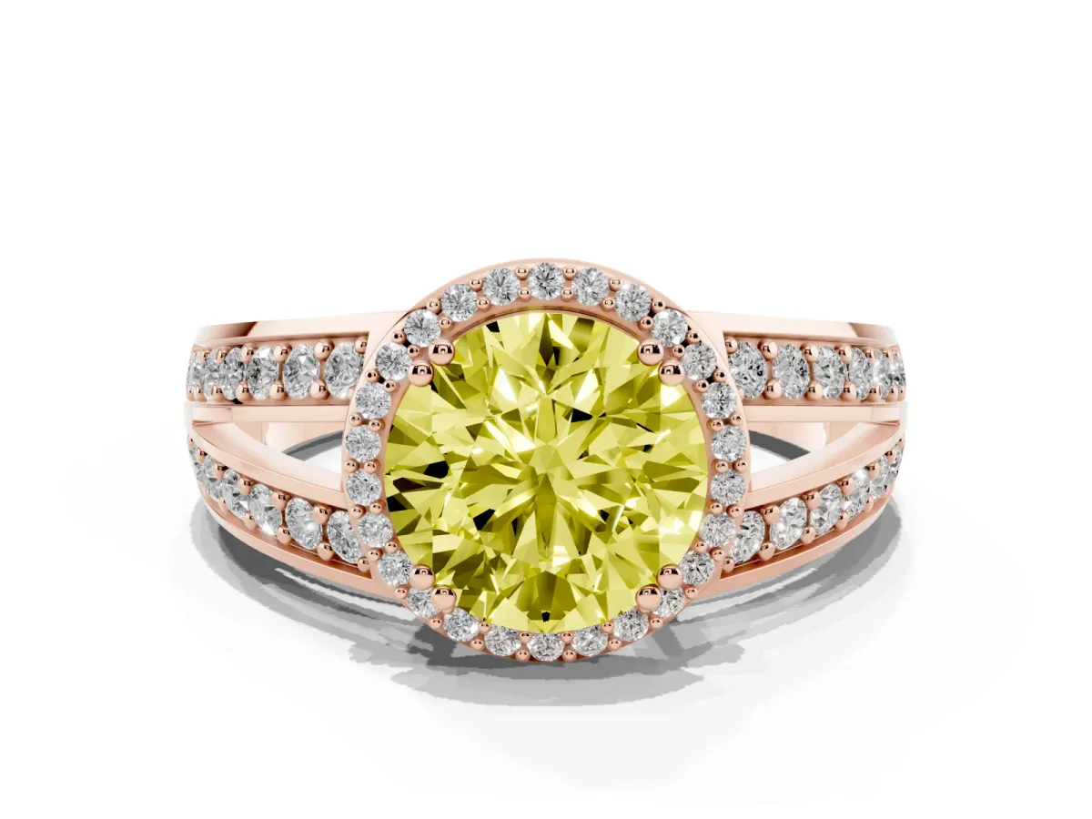 Fancy Yellow Round Cut Diamond Halo Ring with Split Shank Pavé Band and Four-Prong Setting Rose gold