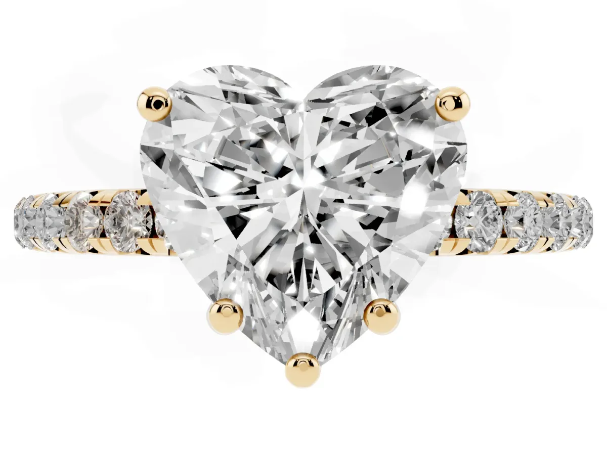 Heart Cut Cut Diamond Solitaire Ring with Micro Pave Band and Four Prong Setting Yellow gold