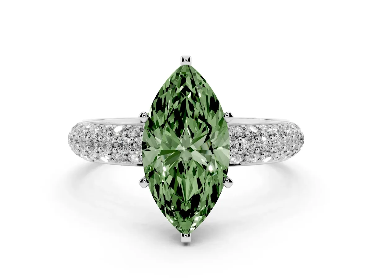 Fancy Green Marquise Cut Diamond Solitaire Ring with Prong Setting and Pavé Band Silver