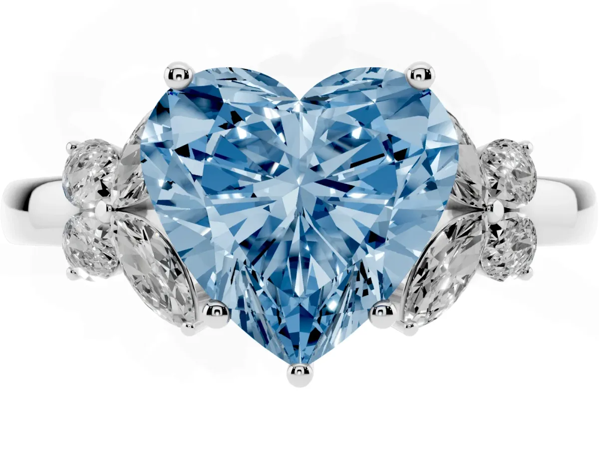 Fancy Blue Heart Cut Cut Solitaire Floral Diamond Ring with Four-Prong Setting Silver
