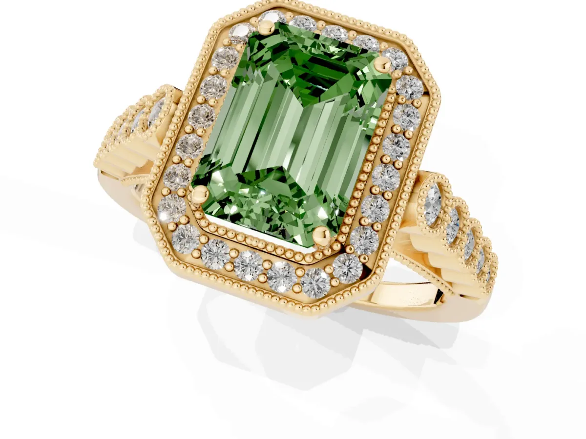 Fancy Green Emerald Cut Halo Milgrain Solitaire with Bezel Set Side Stones and Pave Band Yellow gold