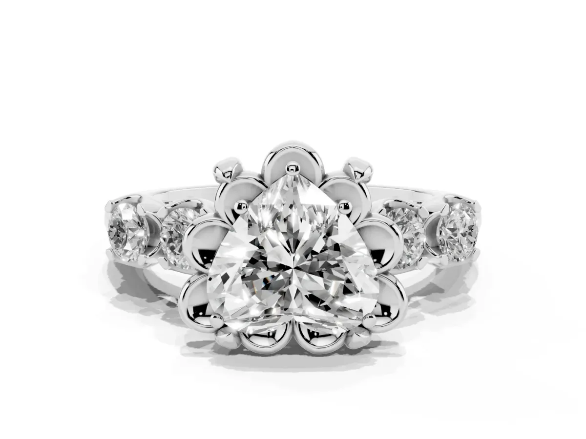 Heart Cut Cut Diamond Floral Halo Engagement Ring with Shared Prong Setting Silver
