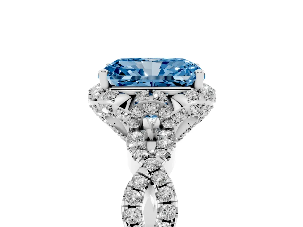 Fancy Blue Radiant Cut Halo Twist Band Solitaire Ring with Six-Prong Setting White gold