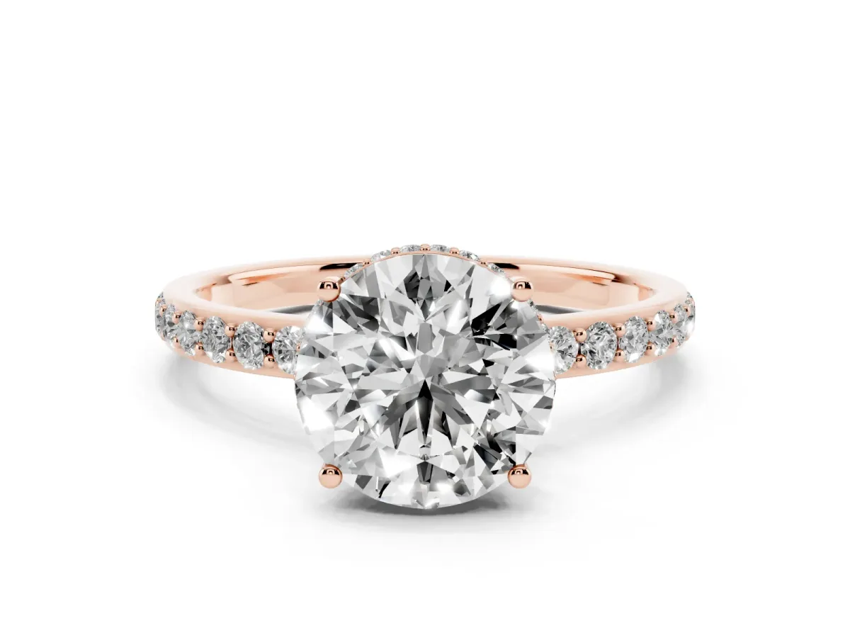 Round Cut Diamond Solitaire Ring with Pavé Band and Hidden Halo Rose gold
