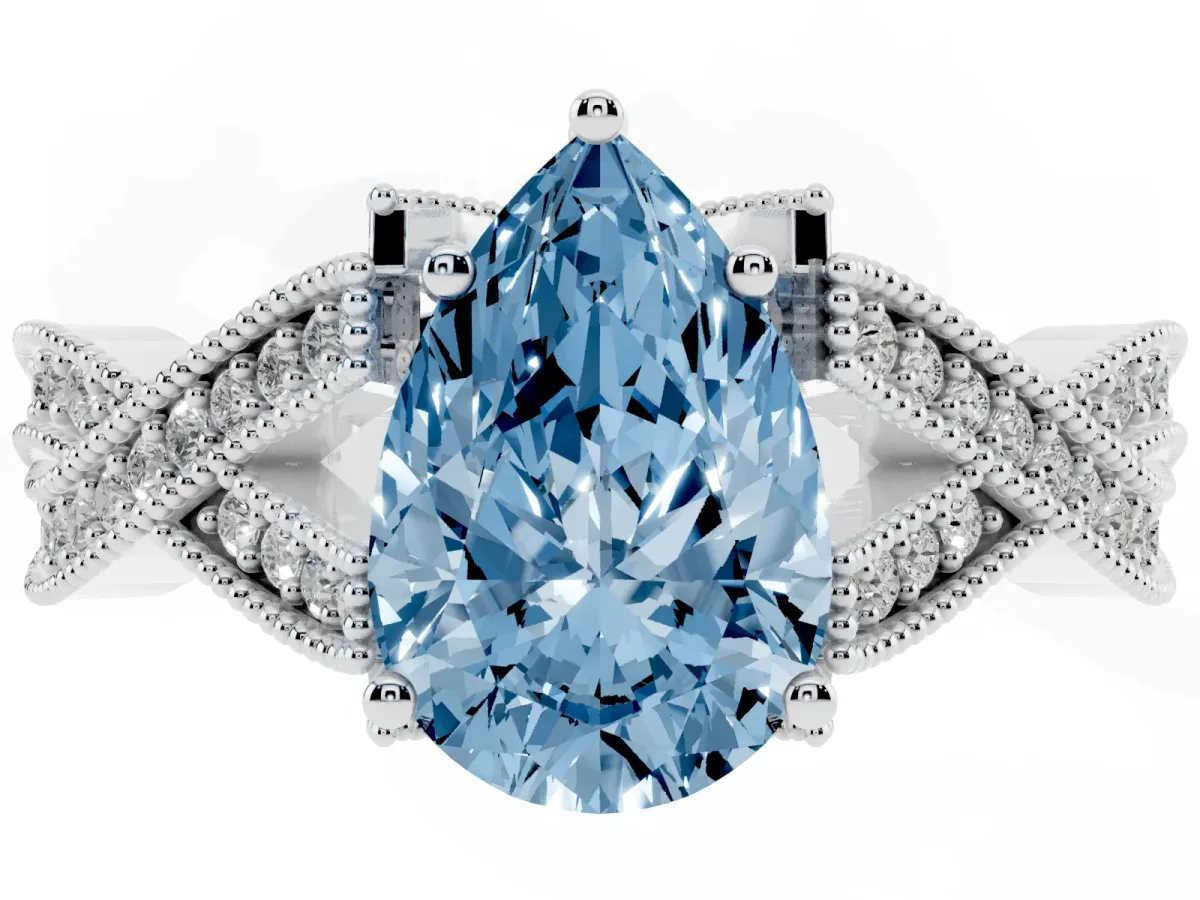 Fancy Blue Pear Cut Cut Diamond Twisted Band with Milgrain Pave Setting and Four-Prong Setting Silver