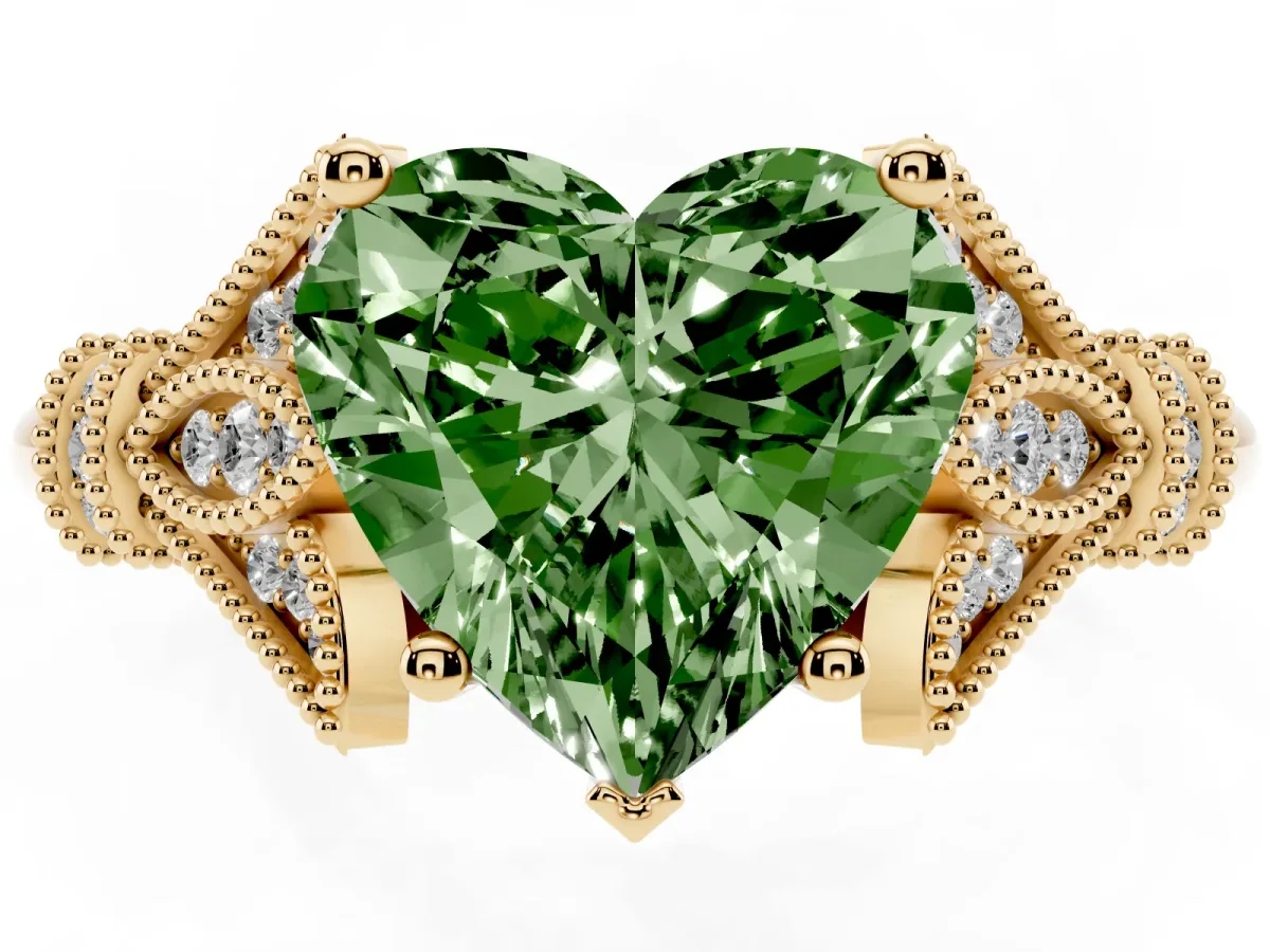 Fancy Green Heart Cut Diamond Solitaire Ring with Floral Filigree and Pave Accents Yellow gold
