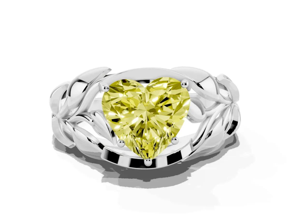 Fancy Yellow Heart Cut Diamond Leaf-Inspired Engagement Ring with Round Accents and Prong Setting Silver