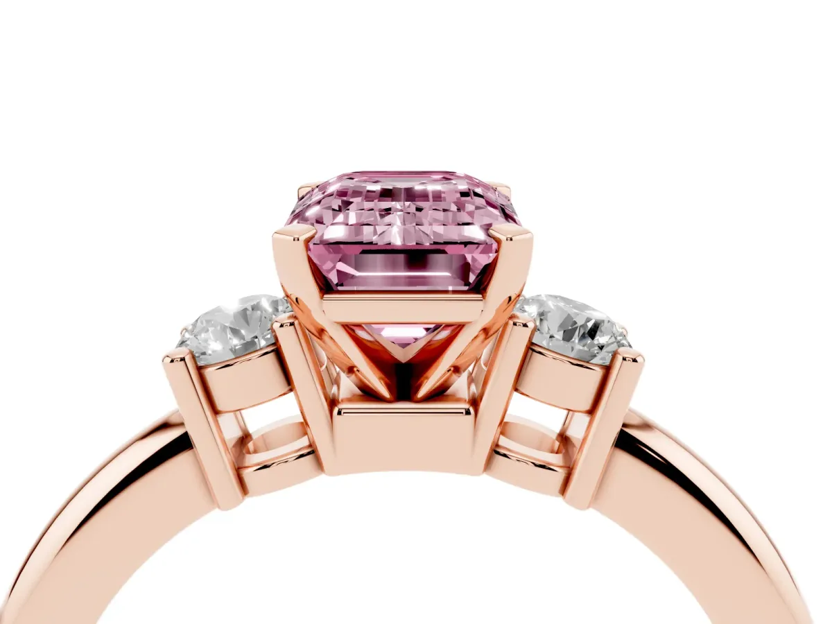 Fancy Pink Three-Stone Emerald Cut Cut Diamond Solitaire with Prong Setting and Classic Band Rose gold