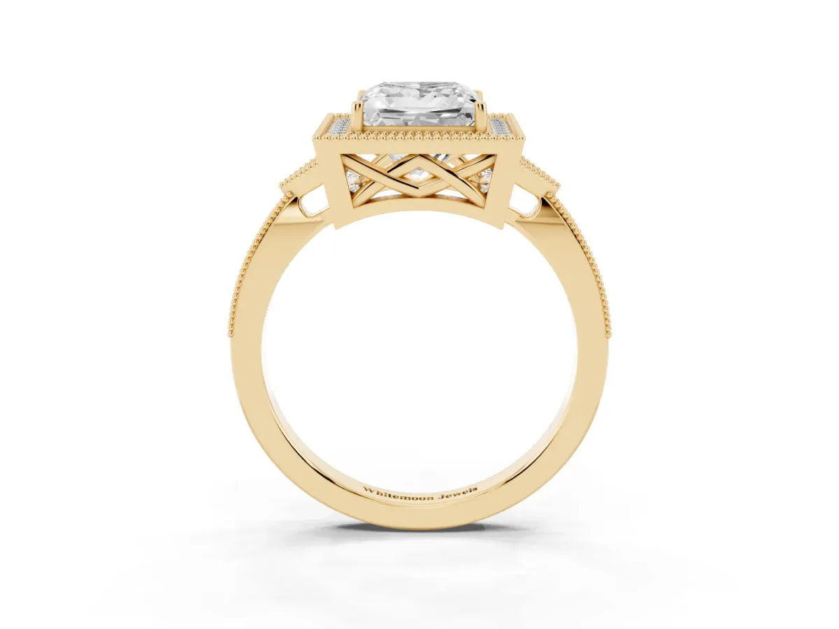 Princess Cut Halo Round Diamond Milgrain Pave Engagement Ring Yellow gold