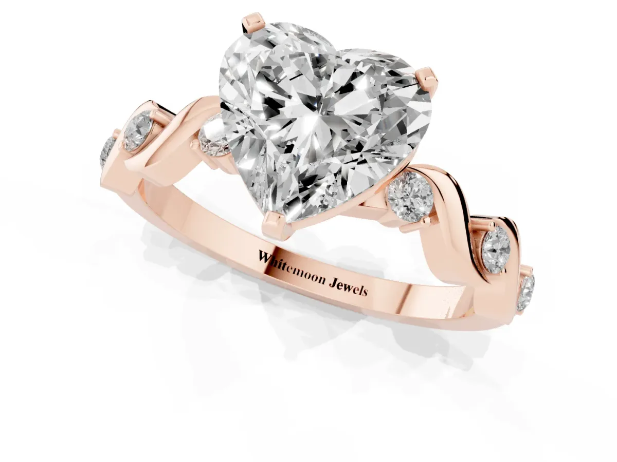Heart Cut Diamond Solitaire Twisted Band with Round Accents and Prong Setting Rose gold