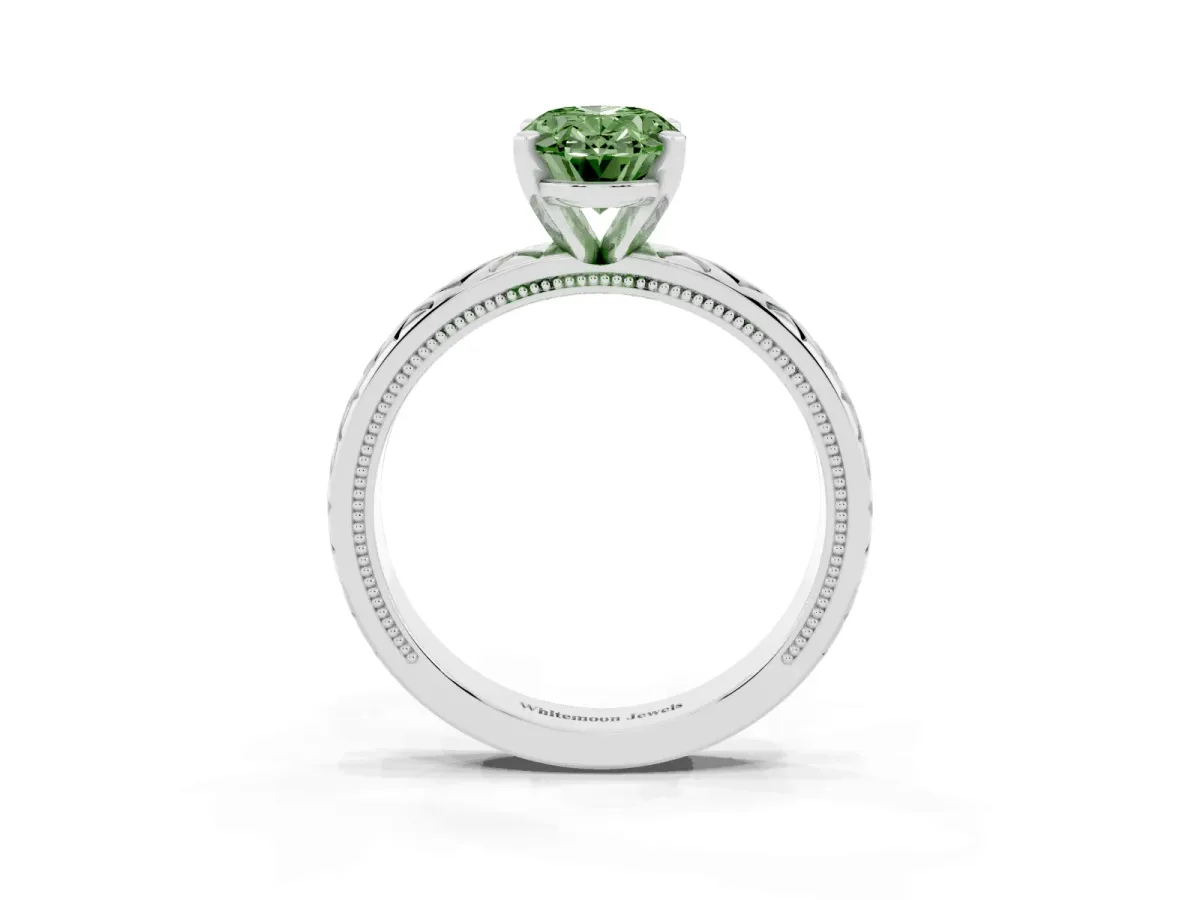 Fancy Green Oval Cut Solitaire Diamond Ring with Milgrain and Black Enamel X Pattern Band Silver