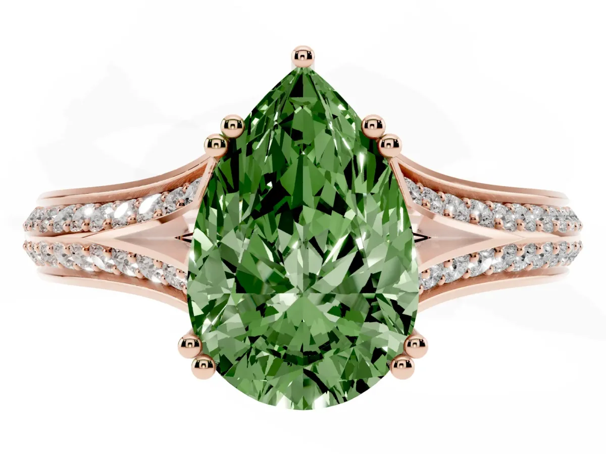 Fancy Green Pear Cut Diamond Split Shank Engagement Ring with Pavé Band Rose gold