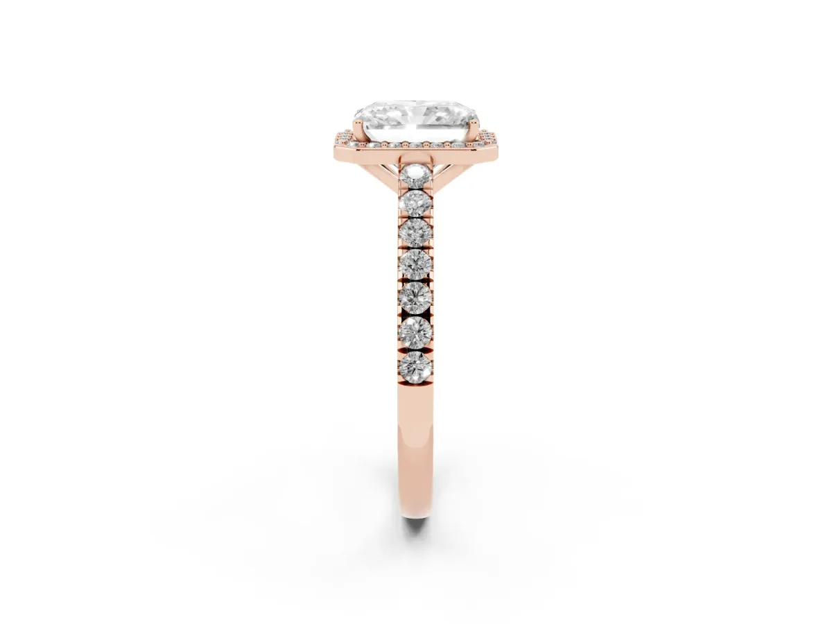 Radiant Cut Cut Halo Diamond Engagement Ring with Pave Band and Four-Prong Setting Rose gold