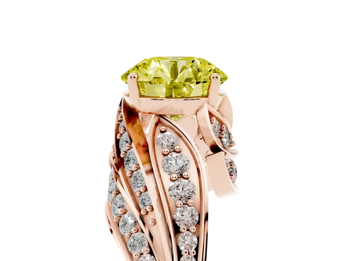 Fancy Yellow Round Cut Diamond Solitaire Ring with Prong Setting and Twisted Pavé Band Rose gold
