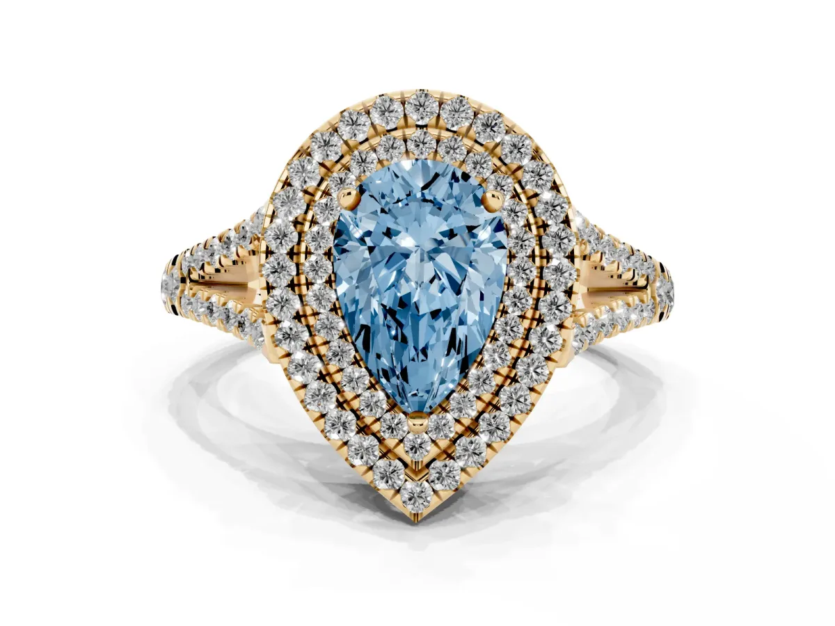 Fancy Blue Pear Cut Diamond Double Halo Ring with Pavé Band and Prong Setting Yellow gold