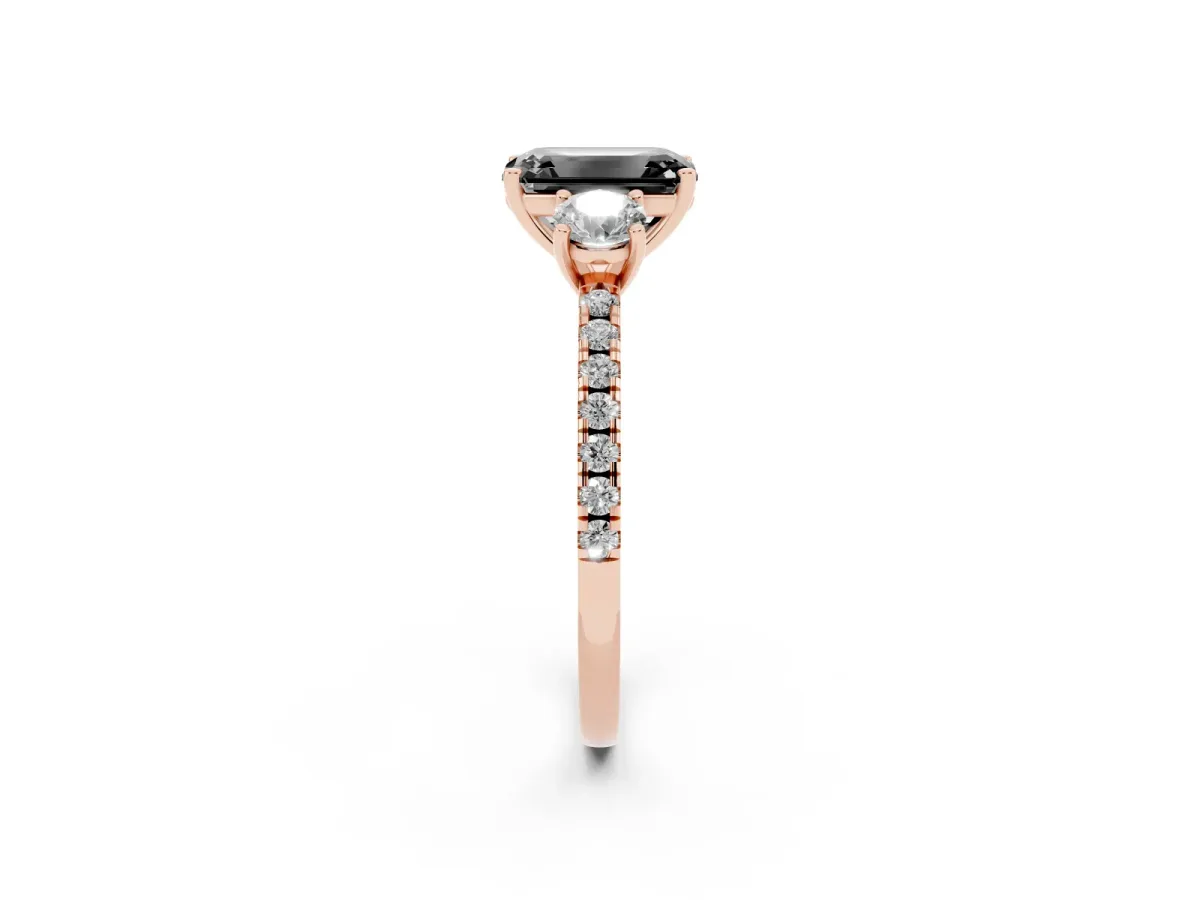 Fancy Black Three-Stone Emerald Cut Cut Diamond Pavé Band with Prong Setting Rose gold