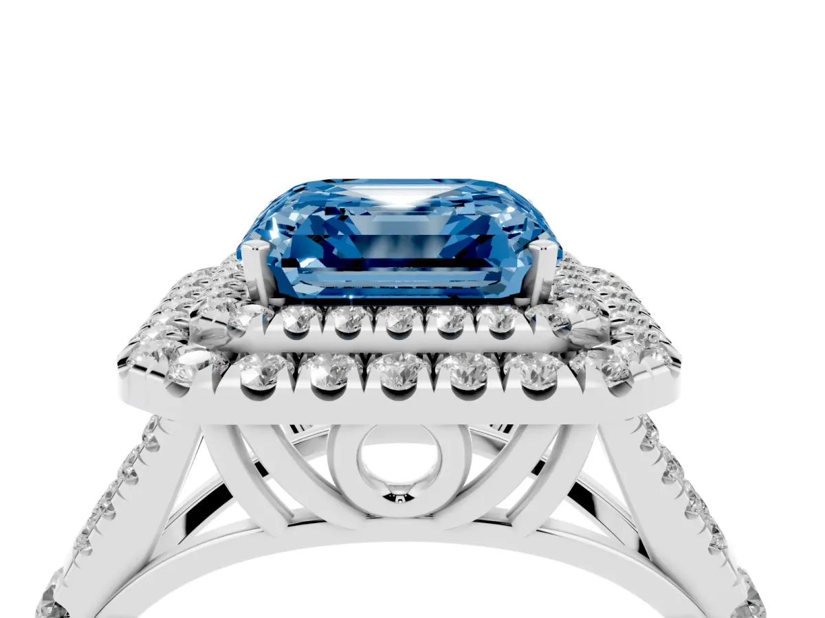 Fancy Blue Asscher Cut Cut Double Halo Split Shank Diamond Ring with Prong Setting Silver