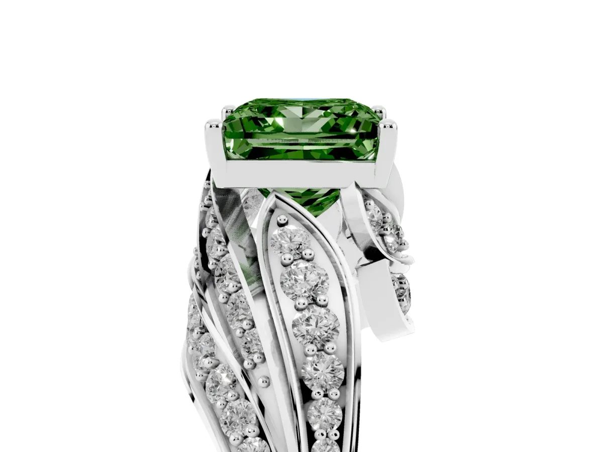 Fancy Green Princess Cut Diamond Solitaire Ring with Prong Setting and Twisted Pavé Band Silver
