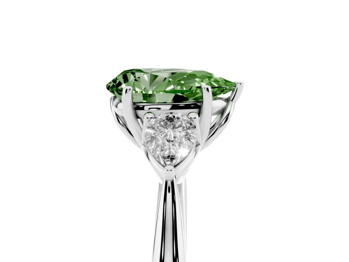 Fancy Green Three-Stone Pear Cut Brilliant Diamond Solitaire Ring with Tapered Band and Four-Prong Setting Platinum