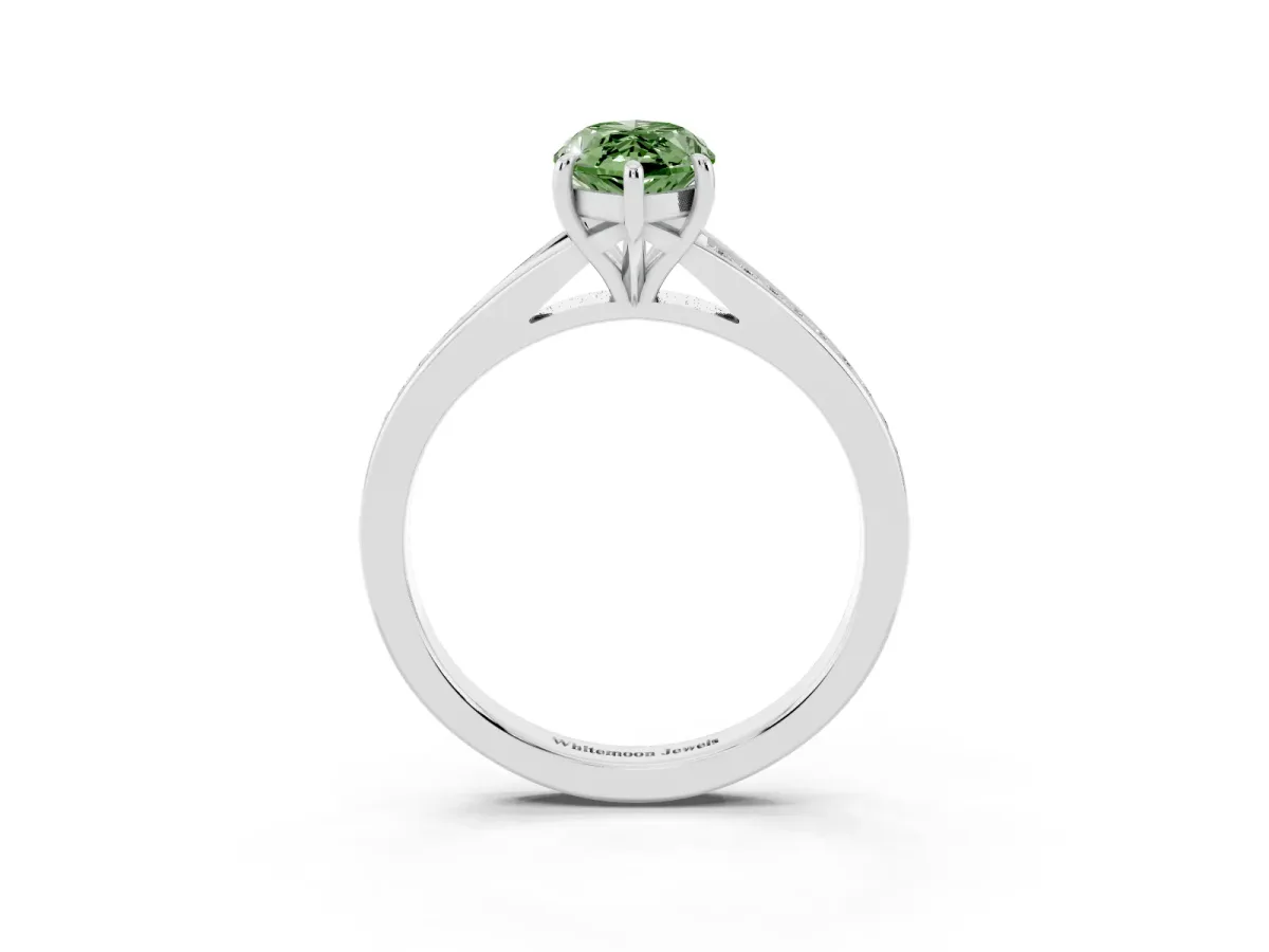 Fancy Green Marquise Cut Diamond Solitaire Ring with Pavé Band and Prong Setting Silver