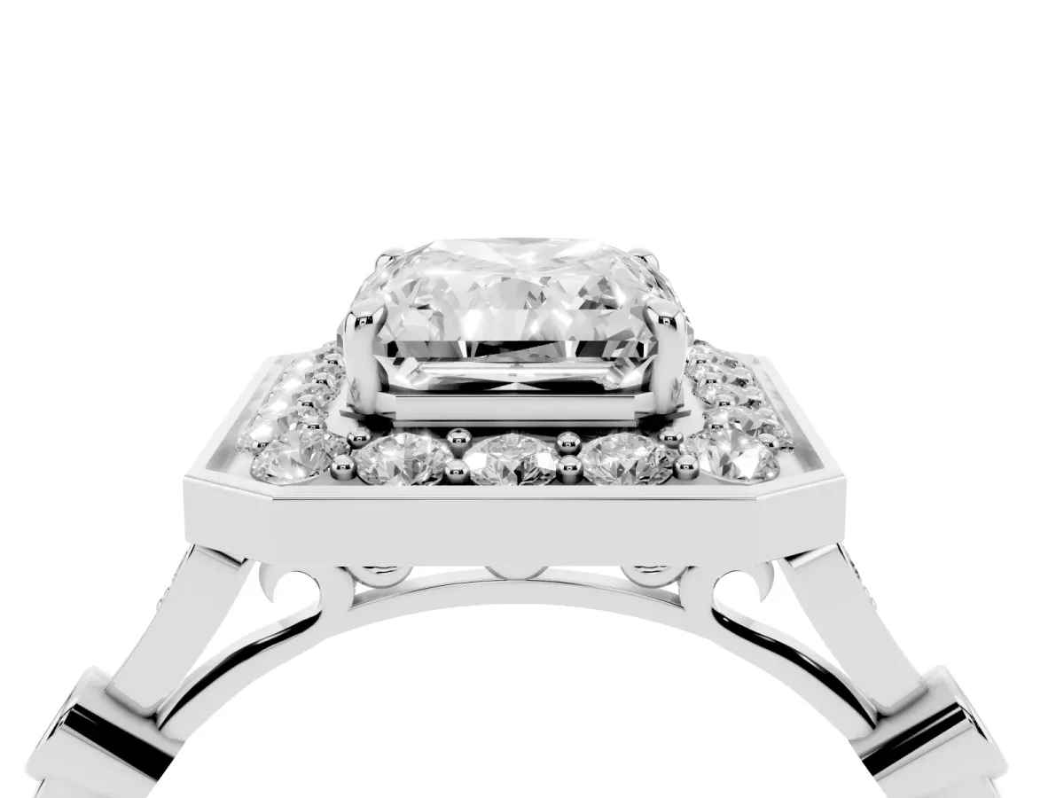 Radiant Cut Halo Diamond Engagement Ring with Twisted Band and Four-Prong Setting Platinum