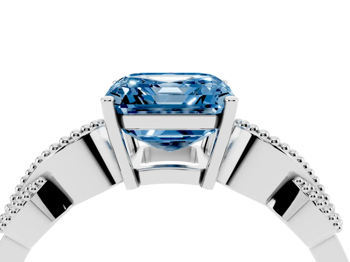 Fancy Blue Asscher Cut Solitaire Milgrain Leaf Band with Prong Setting Silver