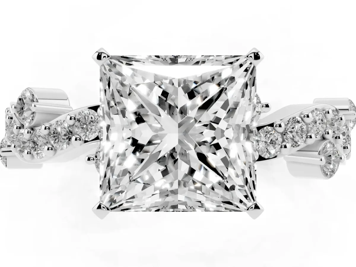 Princess Cut Cut Solitaire Diamond Twisted Band with Pave Setting Platinum