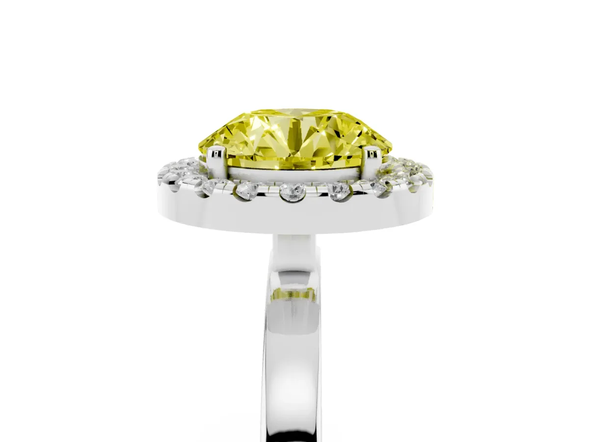 Fancy Yellow Round Cut Halo Diamond Solitaire with Pavé Band and Four-Prong Setting Silver