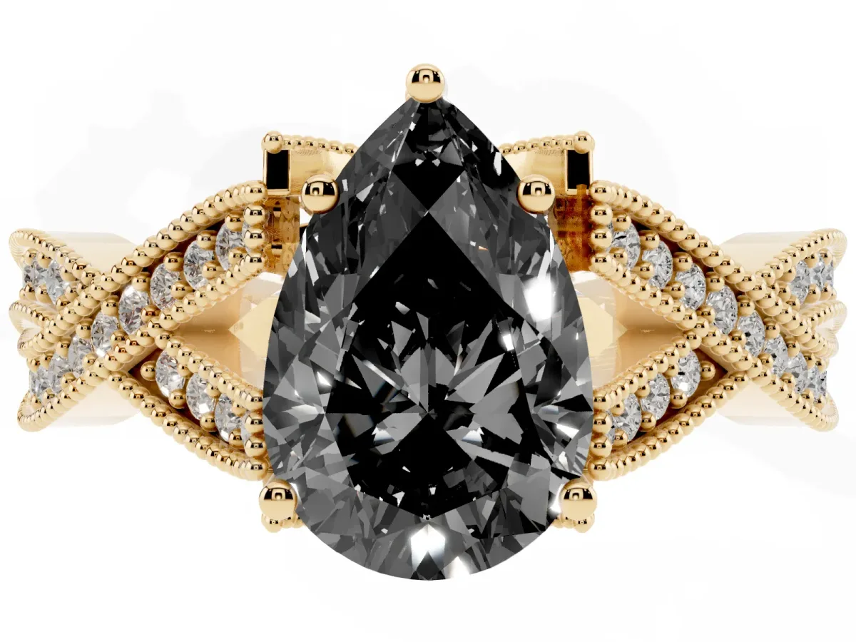 Fancy Black Pear Cut Cut Diamond Twisted Band with Milgrain Pave Setting and Four-Prong Setting Yellow gold