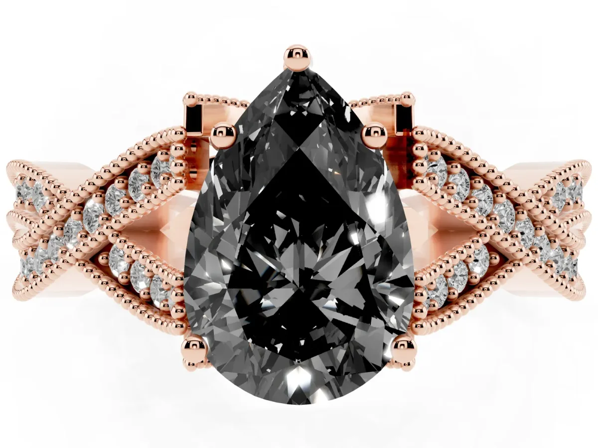 Fancy Black Pear Cut Cut Diamond Twisted Band with Milgrain Pave Setting and Four-Prong Setting Rose gold