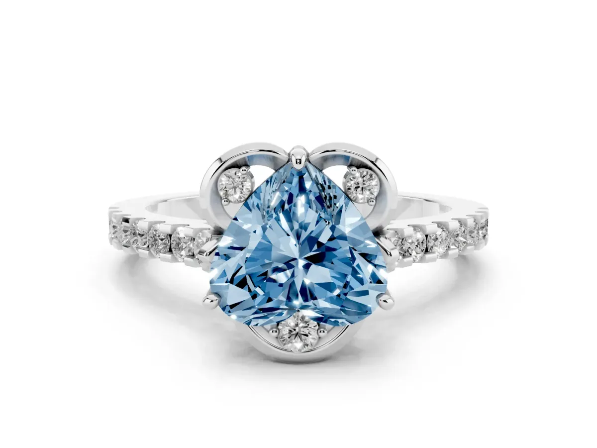 Fancy Blue Heart Cut Diamond Ring with Pavé Band and Floral Prong Setting White gold